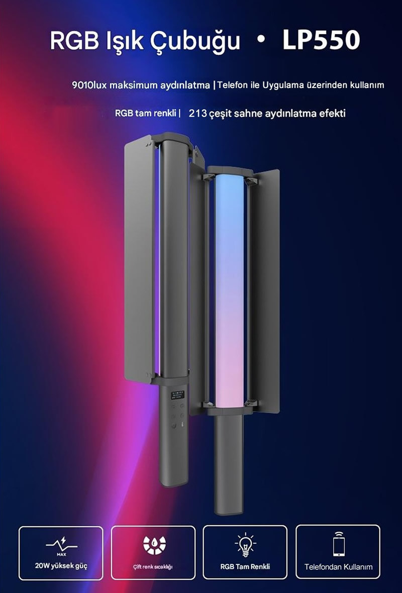 Gdx LP550 RGB Led Şarj Edilebilir Fotoğrafçılık ve Video için Renkli Işık Çubuğu