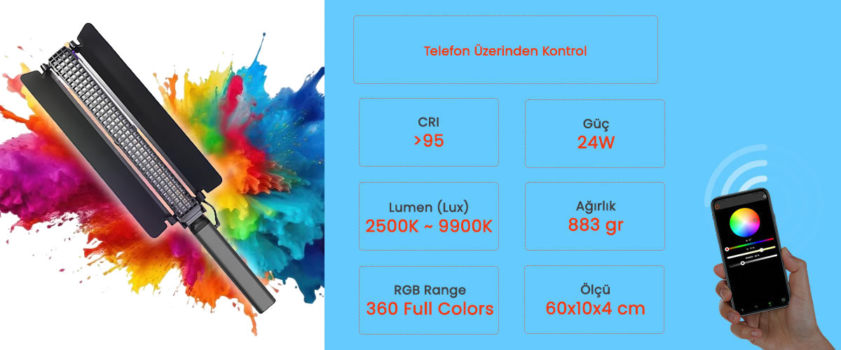 Gdx ST-100 II RGB Fotoğraf ve Video için Led Çubuk Işık (Uzunluk: 100 cm