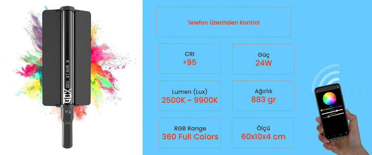 Gdx ST-60 III RGB Led Çubuk Işık (Uzunluk: 60 cm)