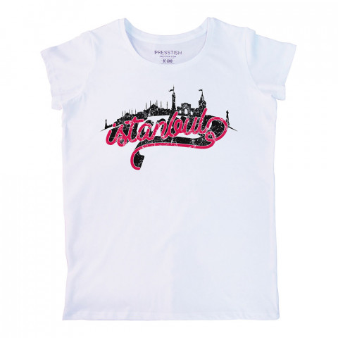 İstanbul Skyline baskılı tasarım tişört. %100 pamuklu baskılı bayan tişört. Presstish tasarım baskılı tişört çeşitleri. Hediye kadın tişört. Tişört baskı. Baskılı tshirt.
