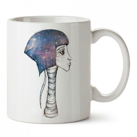 Space Girl uzay saçlı kız tasarım baskılı porselen kupa bardak (mug). Presstish marka resimli hediyelik kupa bardak modeli. Tasarım kahve kupası. Baskılı mug.