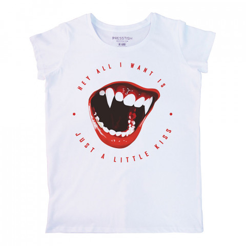 Just A Little Kiss baskılı tasarım tişört. %100 pamuklu baskılı bayan tişört. Presstish baskılı tişört çeşitleri. Hediyelik kadın tişört. Tişört baskı. Tasarım tshirt.