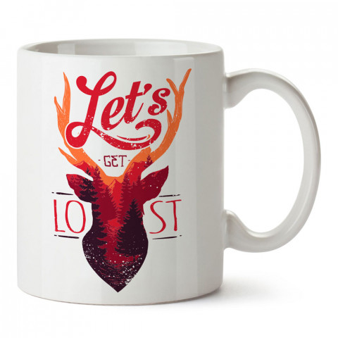 Let's Get Lost geyik baskılı tasarım porselen kupa bardak (mug). Presstish marka resimli hediyelik kupa bardak modeli. Tasarım kahve kupası. Baskılı mug.