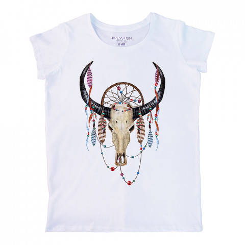 Boho Buffalo Skull baskılı tasarım tişört. %100 pamuklu baskılı bayan tişört. Presstish tasarım baskılı tişört. Hediyelik kadın tişört. Tişört baskı. Baskılı tshirt.