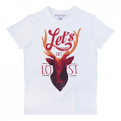 Let's Get Lost baskılı tasarım tişört. %100 pamuklu baskılı tişört. Presstish organik erkek tasarım baskılı tişört çeşitleri. Hediyelik tasarım tshirt. Tişört baskı.