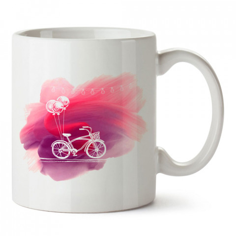 Suluboya Bisiklet ve Balon tasarım baskılı porselen kupa bardaklar (mug). Kahve kupası.