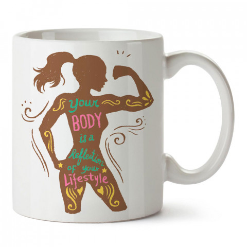 Vücudun Yaşam Biçimini Yansıtır baskılı porselen kupa bardak modelleri (mug bardak). Bodyci, fitnesscı ve vücut geliştirici için hediye. Kahve kupası.