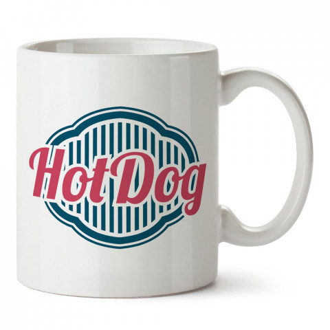 Hot Dog Logolu tasarım baskılı porselen kupa bardak modelleri (mug bardak). Yiyecek çeşitleri desenli hediyelik ürünler. Kahve kupası.