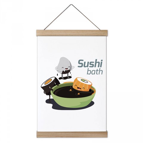 Sushi Banyosu Soya Sosu Çizimleri tasarım ahşap çerçeveli kanvas poster tablo modelleri. Aşçılara, farklı yemek ve yiyecek meraklılarına en güzel hediye kanvas posterler.