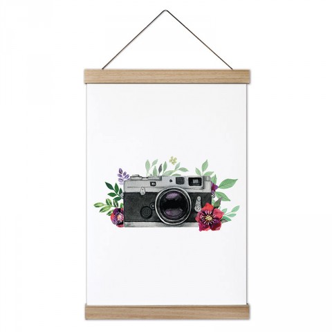 Çiçek Desenli Fotoğraf Makinesi tasarım dekoratif ahşap çerçeveli kanvas poster tablo modelleri. Fotoğrafçılara ve fotoğraf severlere en güzel hediye kanvas posterler.