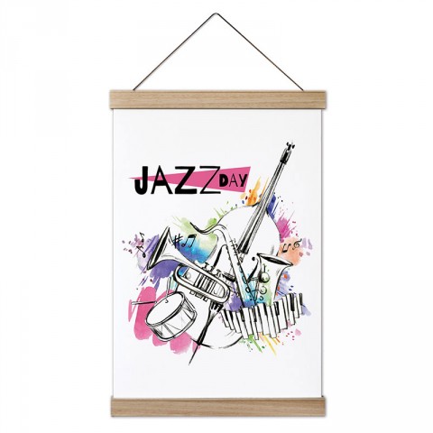 Caz Günü tasarım dekoratif ahşap çerçeveli kanvas poster. Müzisyenlere, müzik ve Jazz müzik severlere en güzel hediye modern kanvas müzik posterleri.