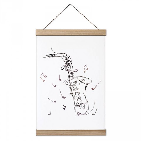 Karakalem Saksafon Çizimli ​tasarım dekoratif ahşap çerçeveli kanvas poster. Müzisyenlere ve caz müzik severlere en güzel hediye modern kanvas müzik posterleri.