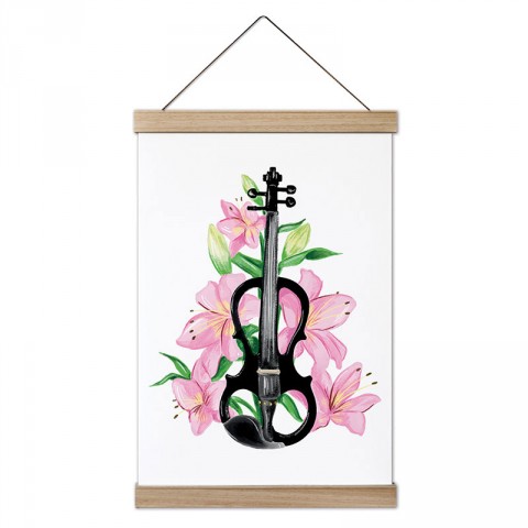 Çiçek Süslemeli Keman Çizimi tasarım dekoratif ahşap çerçeveli kanvas poster. Müzisyenlere ve müzik severlere en güzel hediye modern kanvas müzik posterleri.