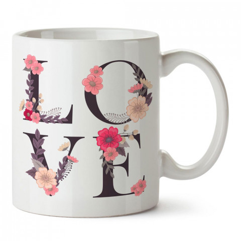 Çiçek Bezenmiş Love tasarım baskılı porselen kupa bardak (mug). Sevgiliye hediye aşk içerikli kupa bardaklar. Sevgiliye en güzel hediye kupa. Sevgili için kahve kupası.