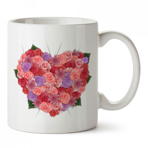 Çiçek Buketi Kalp tasarım baskılı porselen kupa bardak (mug). Sevgiliye hediye aşk içerikli kupa bardaklar. Sevgiliye en güzel hediye kupa. Sevgiliye kahve kupası.