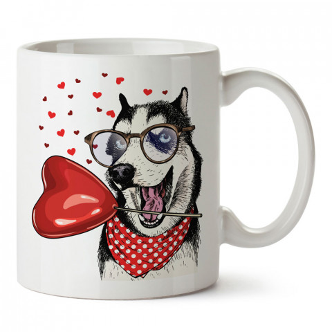 Kalpli Lolipop Şeker Husky tasarım baskılı porselen kupa (mug). Sevgiliye hediye aşk içerikli kupa bardaklar. Sevgiliye en güzel hediye kupa. Sevgiliye kahve kupası.