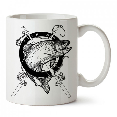 Balıkçı Amblem baskılı tasarım kupa bardak (mug bardak). Balıkçıya hediye kupa bardak modelleri. Balıkçılara hediyelik kahve kupası. Balıkçılık sporu konulu hediye.
