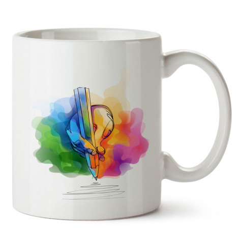 Sulu Boya Çizer El tasarım baskılı porselen kupa bardak (mug bardak). Tasarımcılara ve grafikerlere en güzel hediye. Grafikere ve tasarımcıya hediyelik kahve kupası.