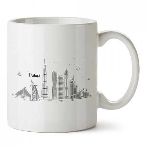 Minimal Çizim Dubai tasarım baskılı porselen kupa bardak modelleri (mug). Ülkelere ve şehirlere özel hediye ürünler. Kahve kupası. Dubai temalı tasarım ürünler.