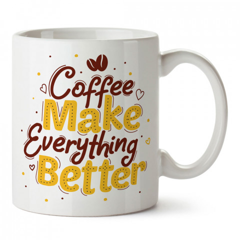 Kahve Her Şeyi Güzelleştirir tasarım baskılı kupa bardak (mug bardak). Kahve bağımlılarına özel hediyeler. Kahve bağımlısına hediye. Kahve tasarım hediye kupa bardak.