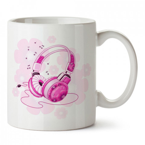 Çiçekli Pembe Kulaklık tasarım baskılı kupa bardak (mug). Müzisyenlere ve müzikseverlere hediyelik kupa. Müzik sevene özel hediye. Müzik konulu tasarımlar.