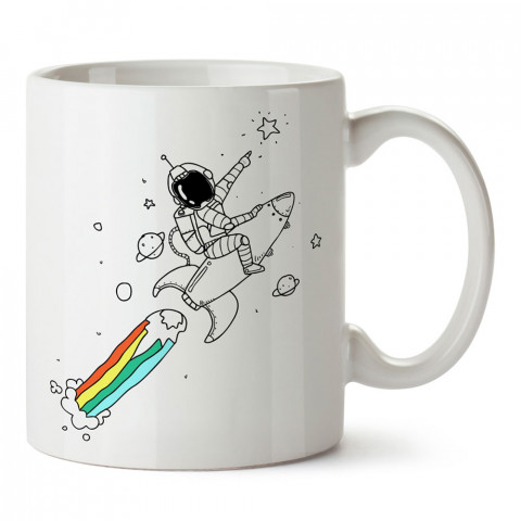 Gökkuşağı Roket Astronot tasarım baskılı kupa bardak (mug bardak). Uzay ve galaksi desenleri sevenlere hediye. Ay ve gezegen resimli kupa. Uzay meraklılarına hediyelik.