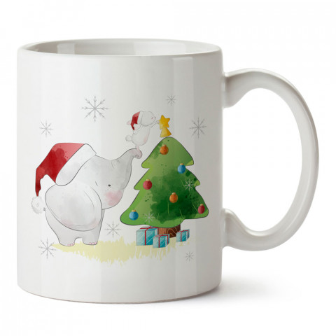 Küçük Fil ve Kedi Yılbaşı tasarım baskılı kupa bardak (mug bardak). Yılbaşı hediyesi kupa. En güzel yılbaşı hediyeleri. Yeni yıl için hediyelik ürünler. Yılbaşı tasarım.